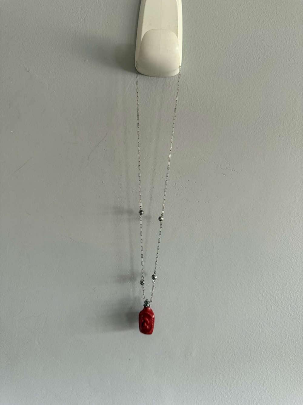 Vintage Red Carved Asian Resin Pendant Necklace Silver Tone Chain